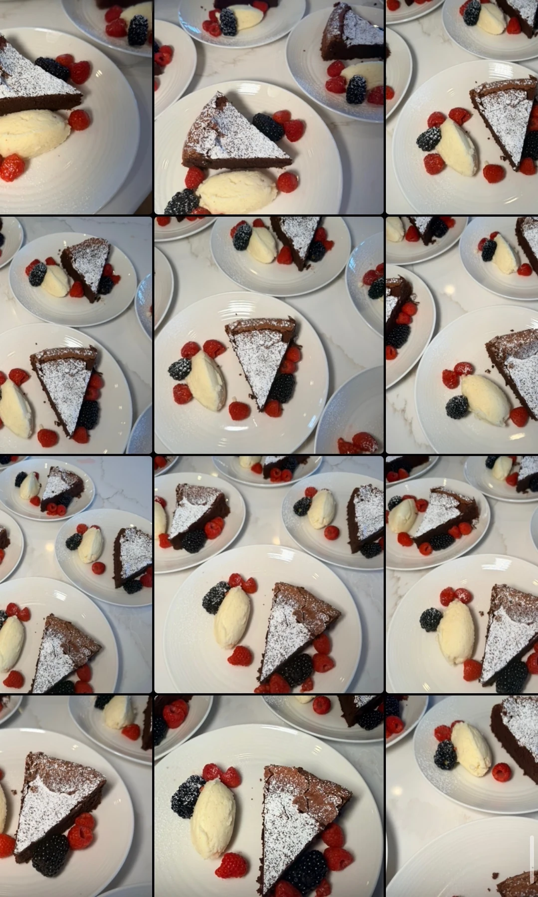 Collage of chocolate cake slices dusted with powdered sugar, served with berries and a creamy accompaniment on white plates
